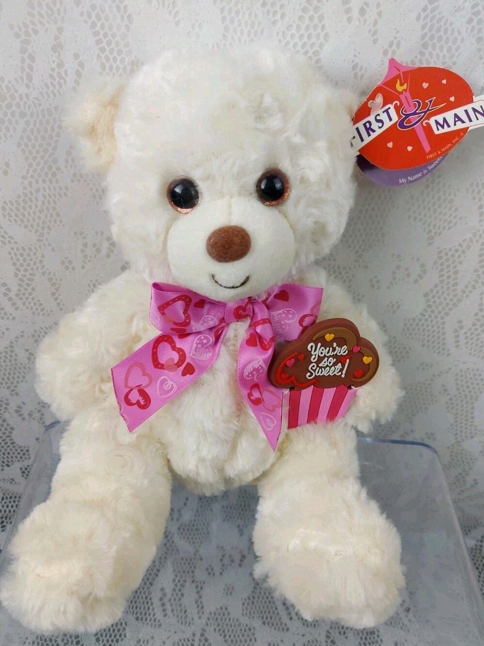 First & Main Sweets Bear You're So Sweet Teddy Cream Pink Heart Cupcake Plush